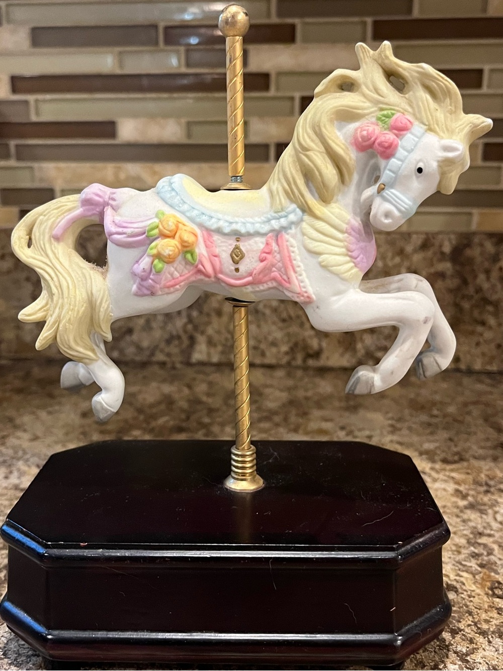 Vintage Musical Carousel Rotating Horse Figurine with Pastel Saddle and Flowers